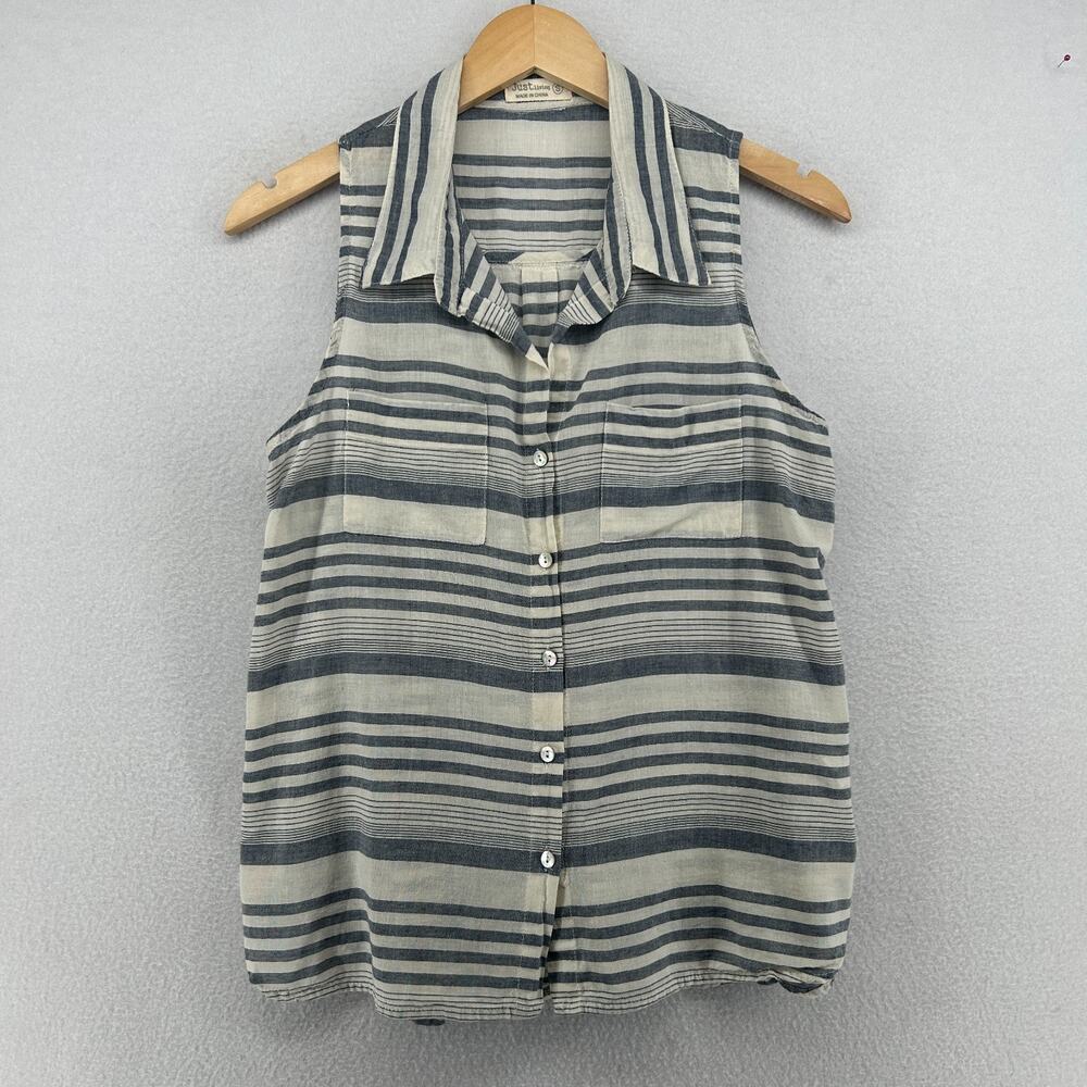 JUST LIVING Top Womens S Striped Button Front Shirt Sleeveless Cotton Woven Blue